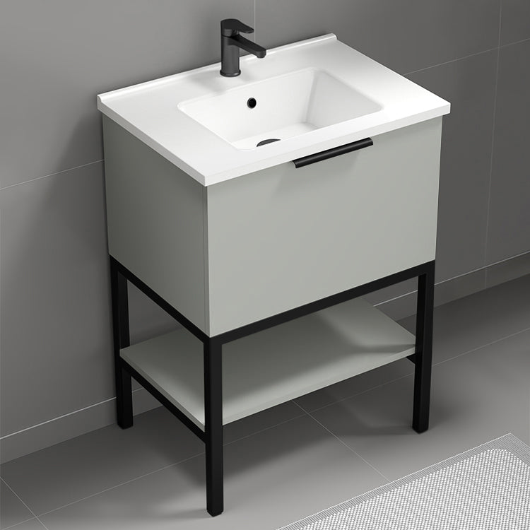 Small Bathroom Vanity, Floor Standing, 26", Grey Mist