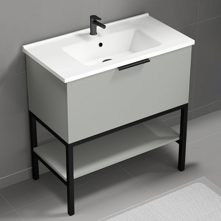 Modern Bathroom Vanity, Free Standing, 34", Grey Mist