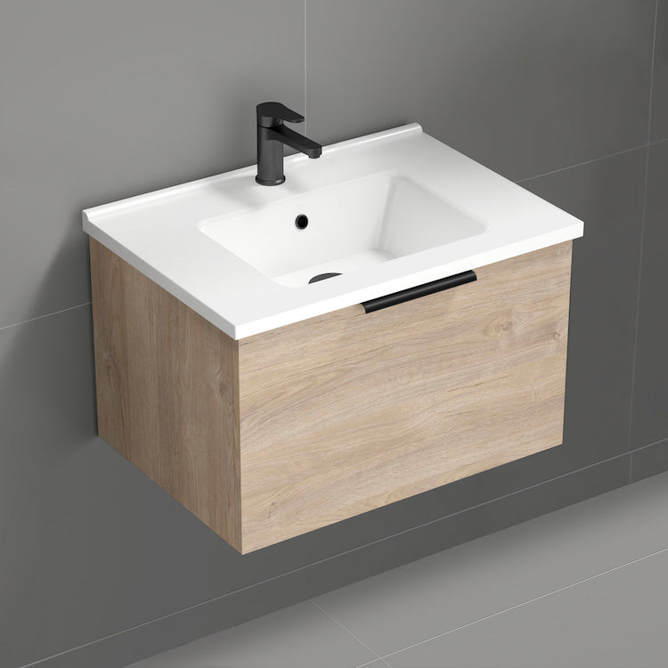 Floating Bathroom Vanity, Modern, 26", Brown Oak