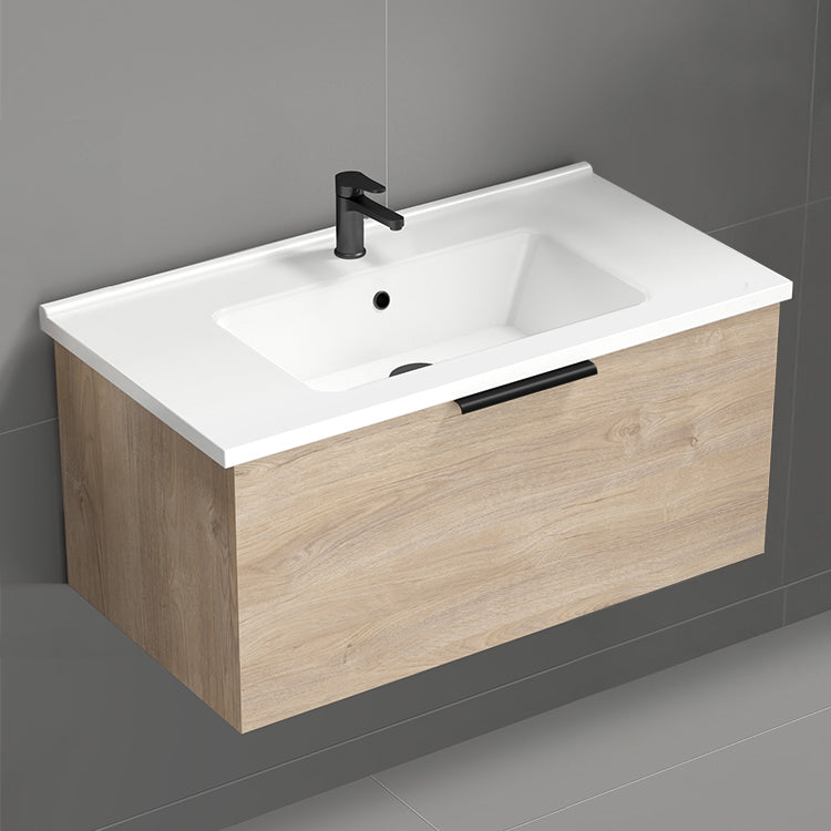 Wall Mounted Bathroom Vanity, Brown Oak, 34"