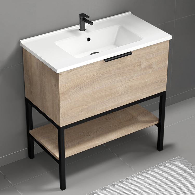 Modern Bathroom Vanity, Floor Standing, 34", Brown Oak