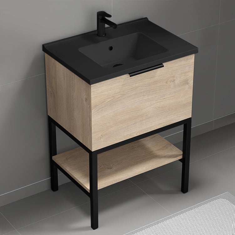 Modern Bathroom Vanity With Black Sink, Free Standing, 26", Brown Oak