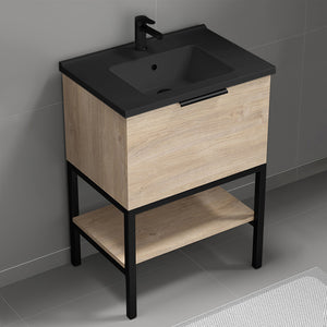 Modern Bathroom Vanity With Black Sink, Free Standing, 26", Brown Oak