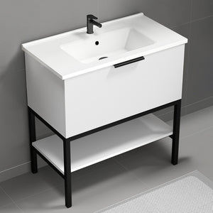 White Bathroom Vanity, Free Standing, Modern, 34"