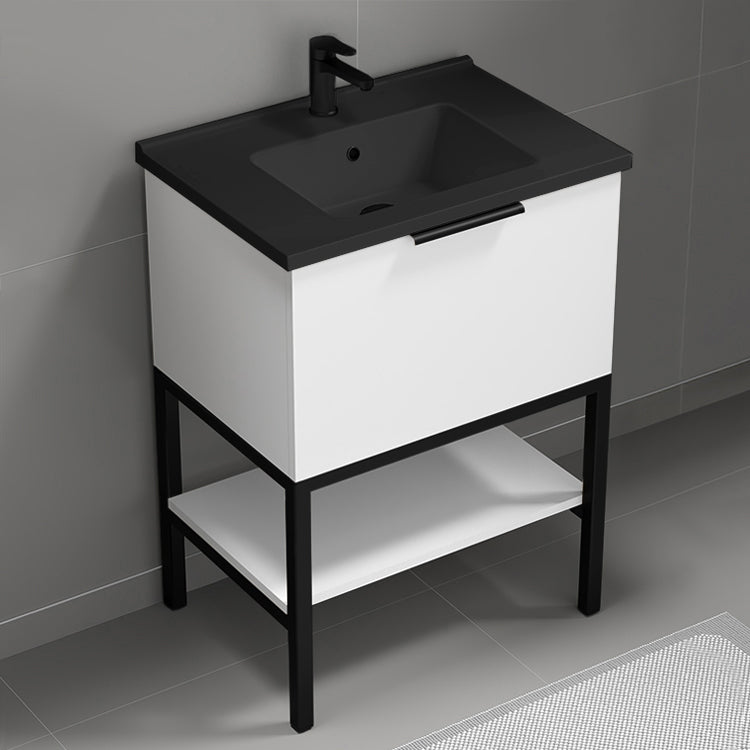Modern Bathroom Vanity With Black Sink, Floor Standing, 26", Glossy White