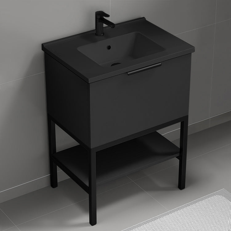 Modern Bathroom Vanity With Black Sink, Free Standing, 26", Matte Black