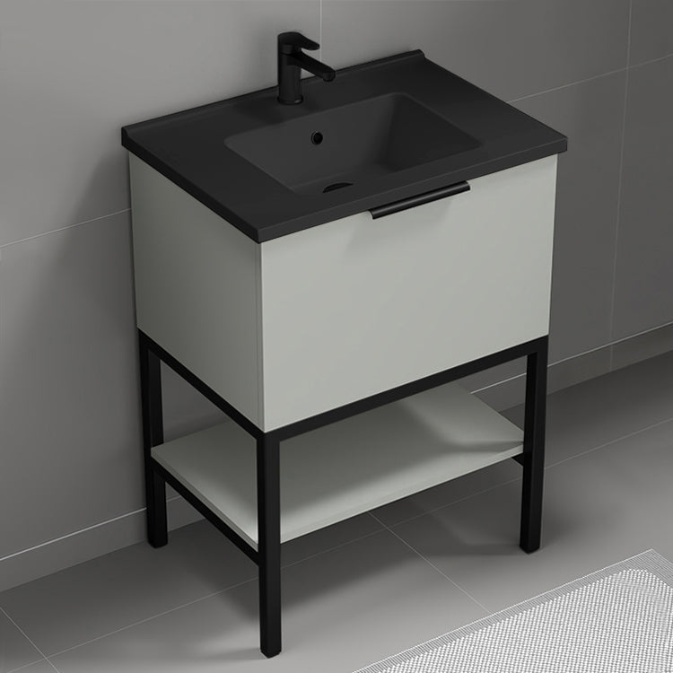 Small Bathroom Vanity With Black Sink, Floor Standing, 26", Grey Mist
