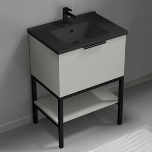 Small Bathroom Vanity With Black Sink, Floor Standing, 26", Grey Mist