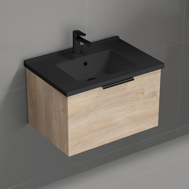 Wall Mount Bathroom Vanity With Black Sink, Modern, 26", Brown Oak