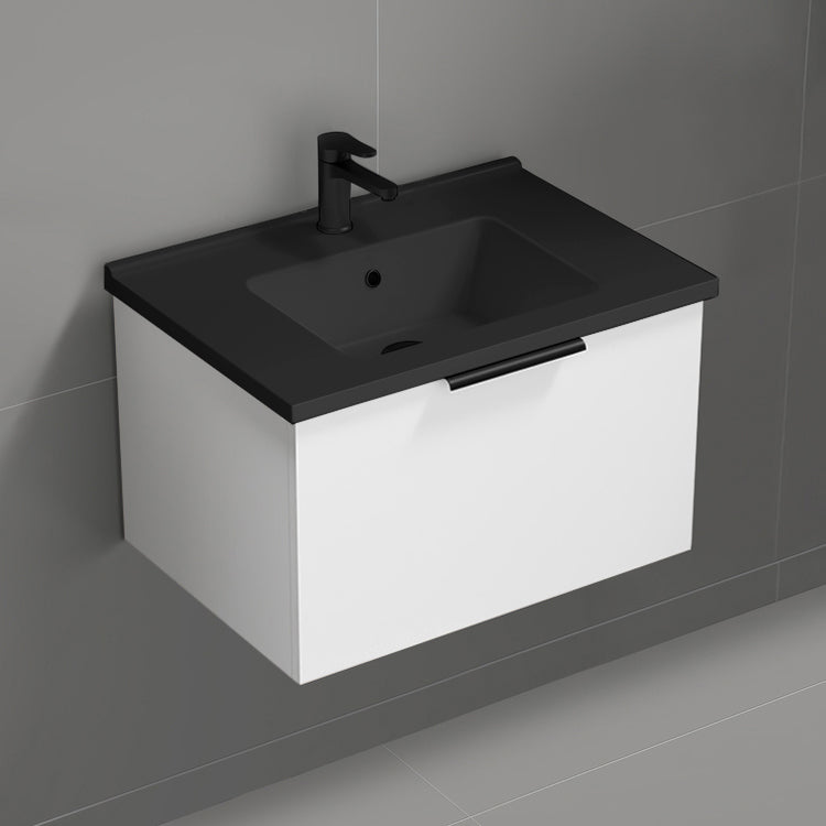 Wall Mounted Bathroom Vanity With Black Sink, Modern, 26", Glossy White