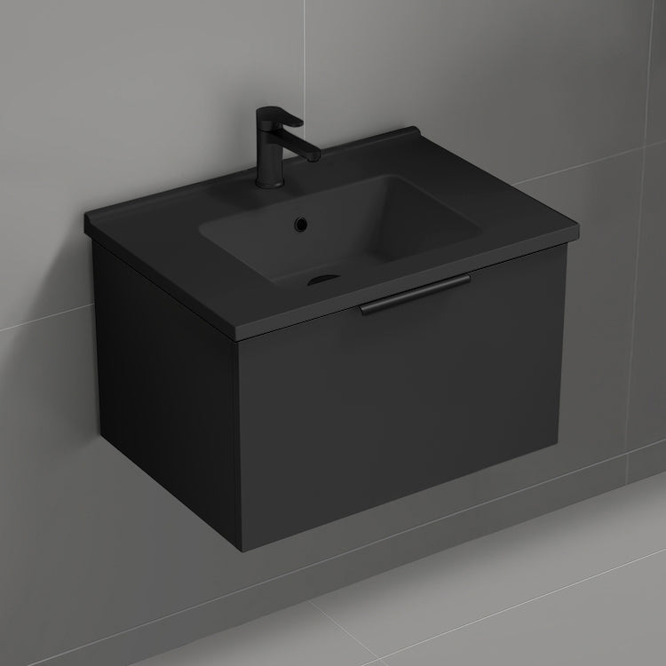 Wall Mounted Bathroom Vanity With Black Sink, Modern, 26", Matte Black
