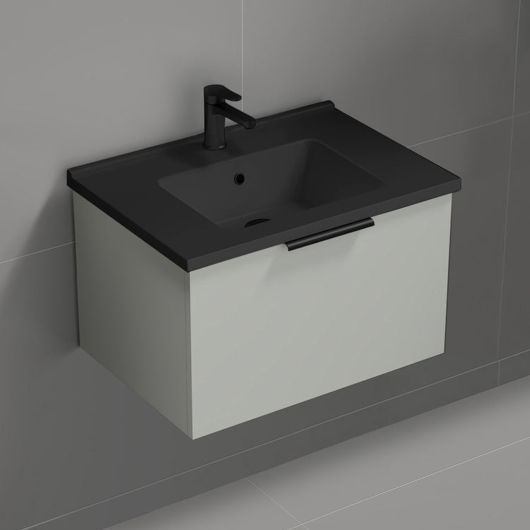 Small Bathroom Vanity With Black Sink, Floating, Modern, 26", Grey Mist