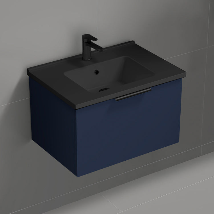 Blue Bathroom Vanity With Black Sink, Modern, 26", Wall Mounted