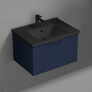 Blue Bathroom Vanity With Black Sink, Modern, 26", Wall Mounted