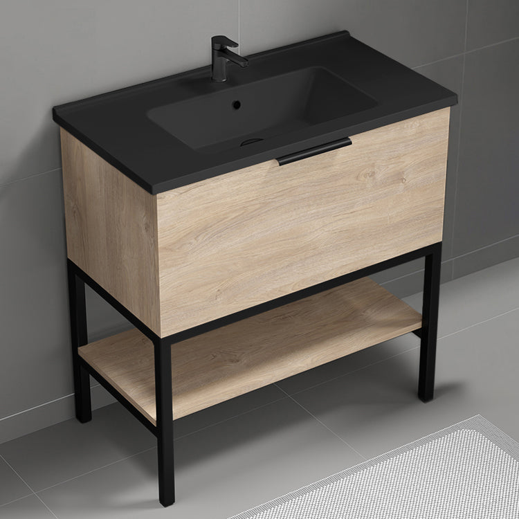 Modern Bathroom Vanity With Black Sink, Floor Standing, 34", Brown Oak