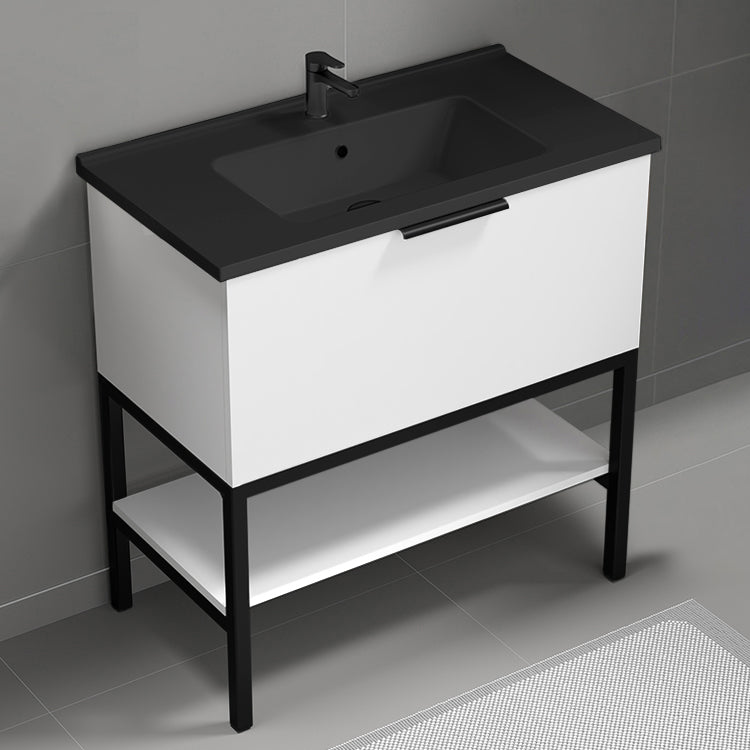 White Bathroom Vanity With Black Sink, Free Standing, Modern, 34"