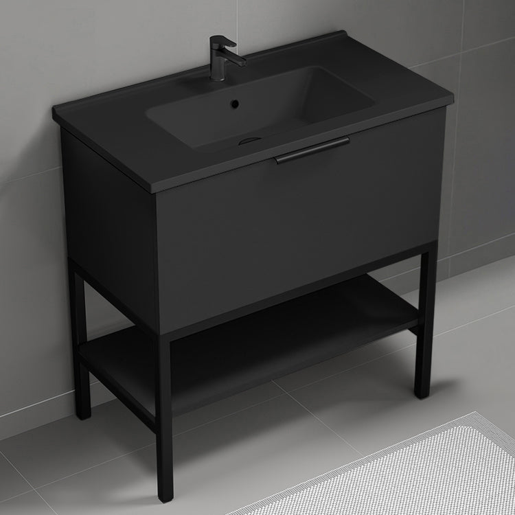 Modern Bathroom Vanity With Black Sink, Floor Standing, 34", Matte Black
