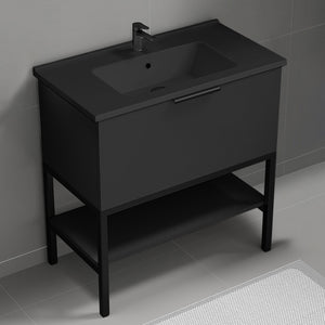 Modern Bathroom Vanity With Black Sink, Floor Standing, 34", Matte Black