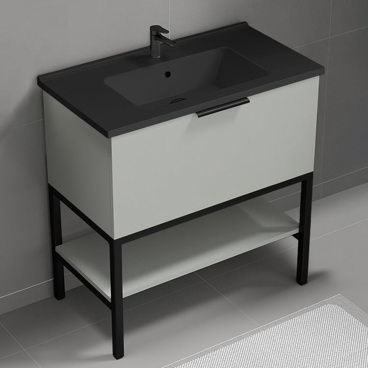 Modern Bathroom Vanity With Black Sink, Free Standing, 34", Grey Mist