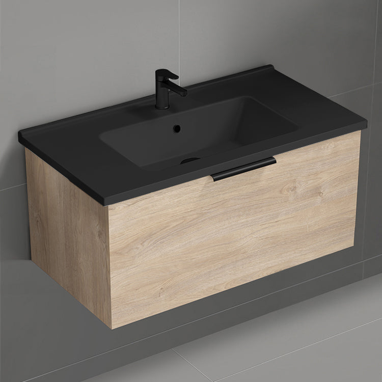 Wall Mounted Bathroom Vanity With Black Sink, Modern, 34", Brown Oak