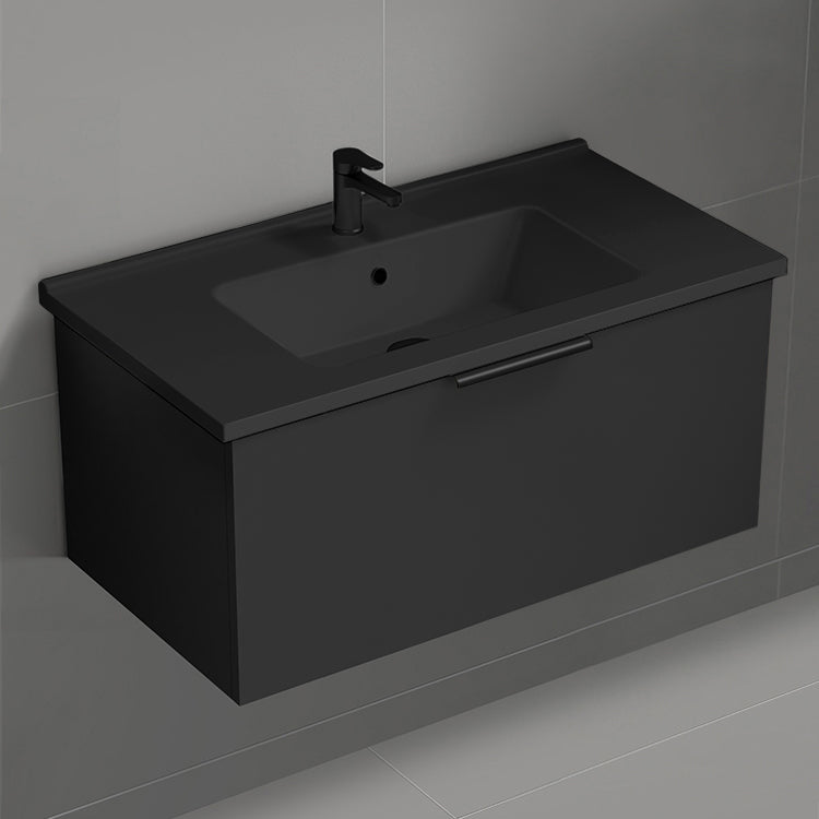Black Bathroom Vanity With Black Sink, Modern, Wall Mounted, 34"