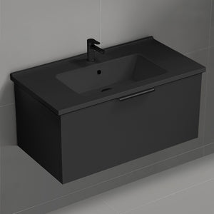 Black Bathroom Vanity With Black Sink, Modern, Wall Mounted, 34"