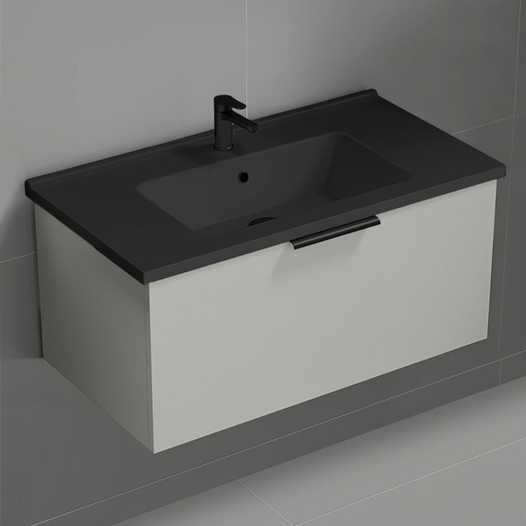 Wall Mounted Bathroom Vanity With Black Sink, Modern, 34", Grey Mist