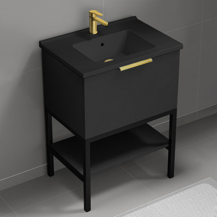 Modern Bathroom Vanity With Black Sink, Free Standing, 26", Matte Black