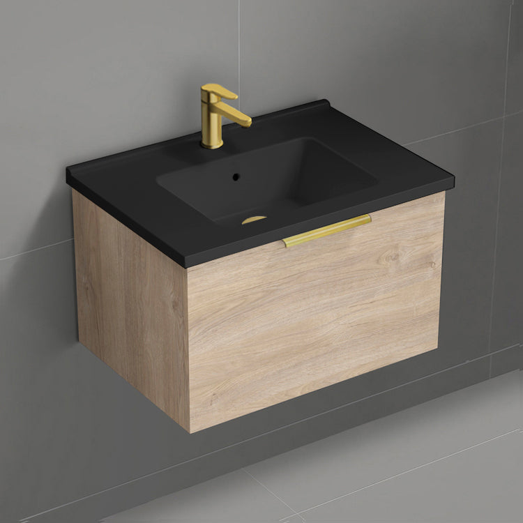 Wall Mount Bathroom Vanity With Black Sink, Modern, 26", Brown Oak