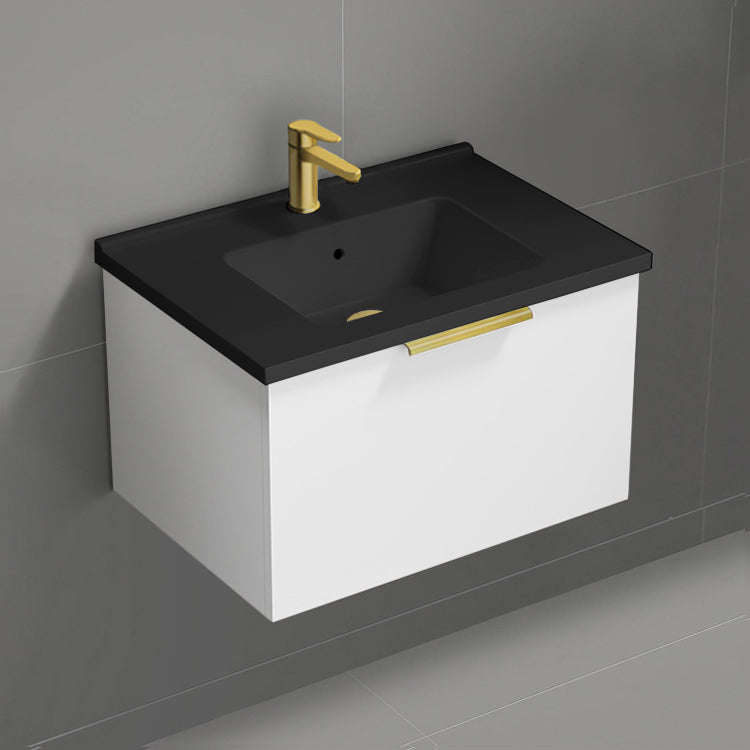 Wall Mounted Bathroom Vanity With Black Sink, Modern, 26", Glossy White