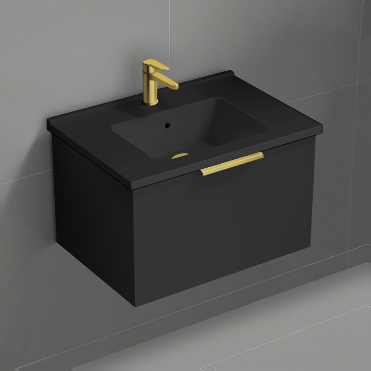 Wall Mounted Bathroom Vanity With Black Sink, Modern, 26", Matte Black