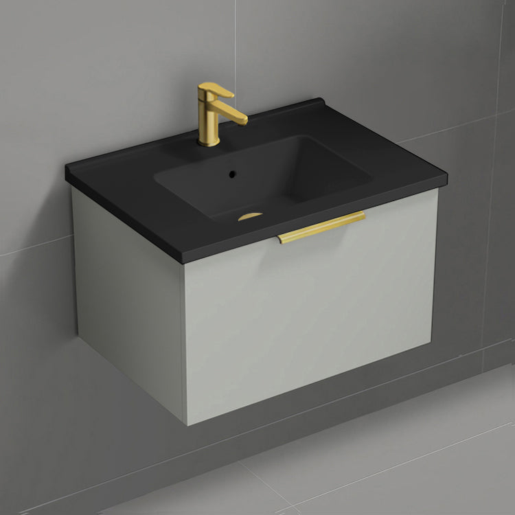 Small Bathroom Vanity With Black Sink, Floating, Modern, 26", Grey Mist