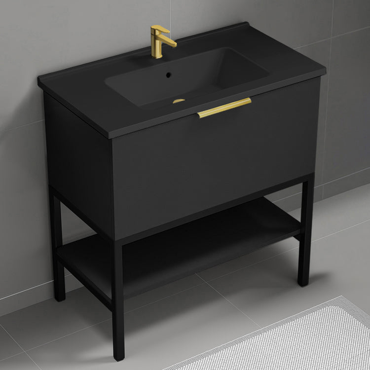 Modern Bathroom Vanity With Black Sink, Floor Standing, 34", Matte Black