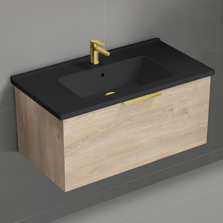 Wall Mounted Bathroom Vanity With Black Sink, Modern, 34", Brown Oak