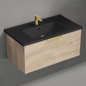 Wall Mounted Bathroom Vanity With Black Sink, Modern, 34", Brown Oak