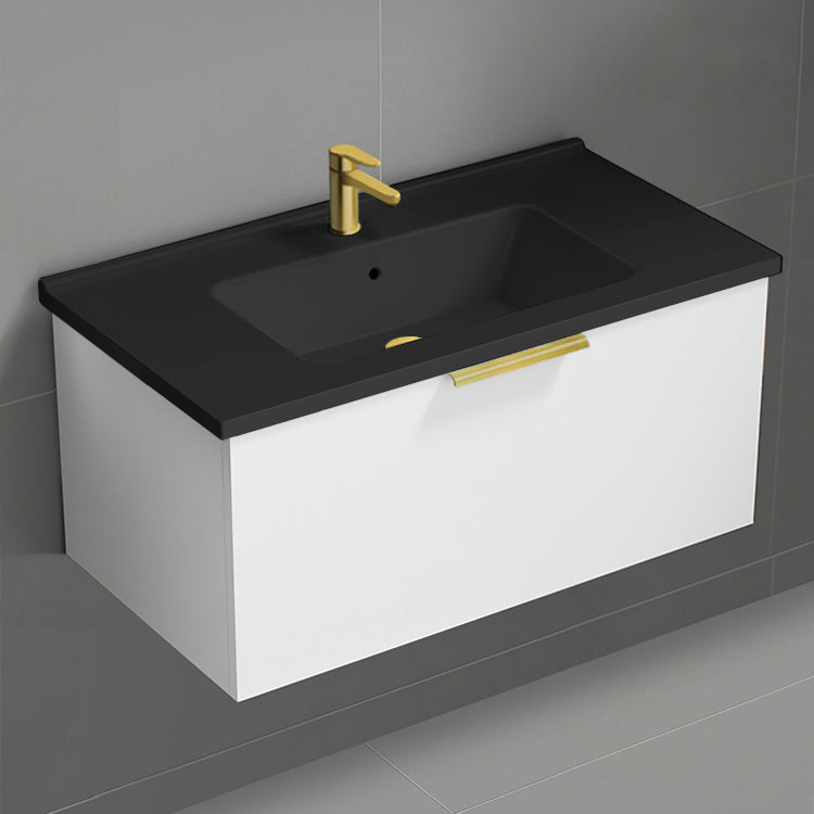 White Bathroom Vanity With Black Sink, Floating, Modern, 34"