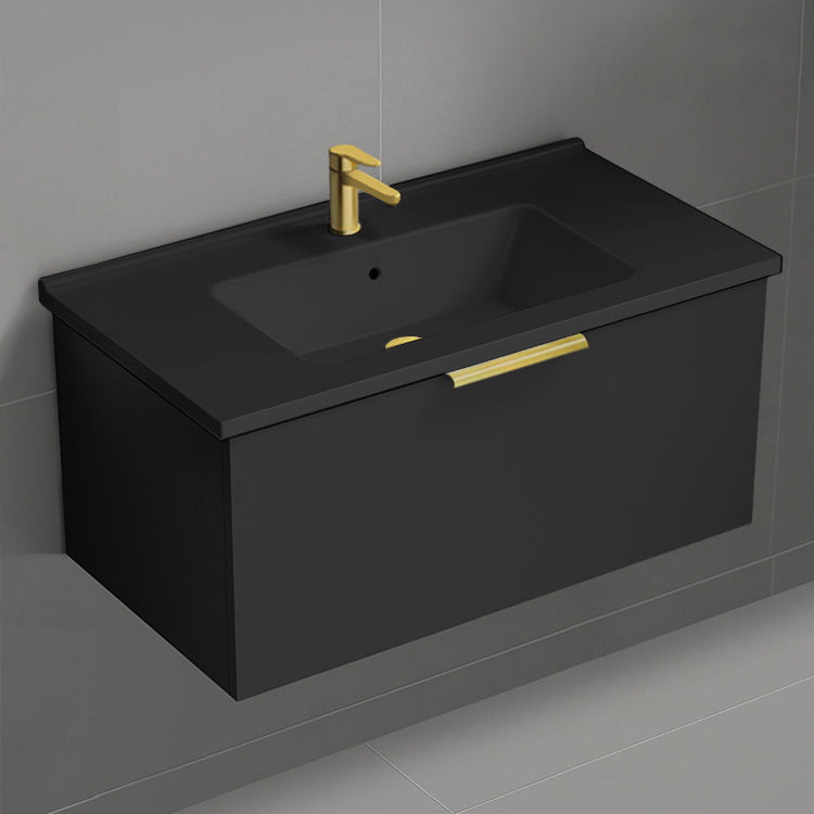 Black Bathroom Vanity With Black Sink, Modern, Wall Mounted, 34"