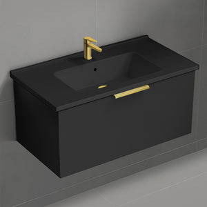 Black Bathroom Vanity With Black Sink, Modern, Wall Mounted, 34"
