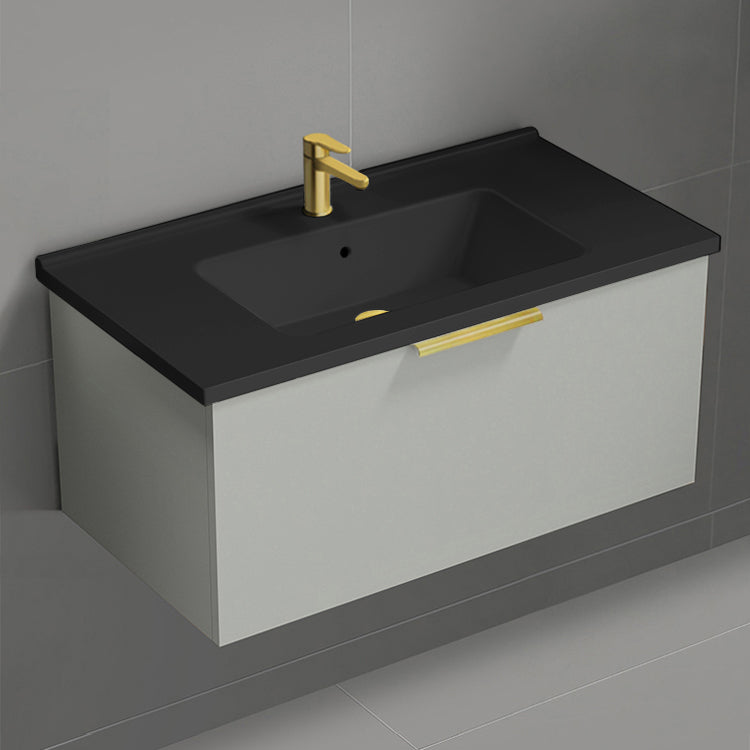 Wall Mounted Bathroom Vanity With Black Sink, Modern, 34", Grey Mist