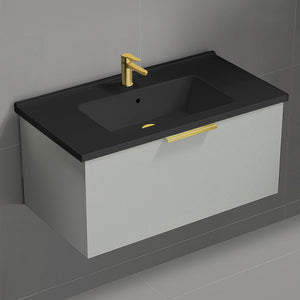 Wall Mounted Bathroom Vanity With Black Sink, Modern, 34", Grey Mist