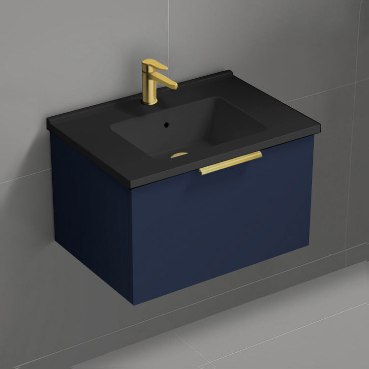 Wall Mounted Bathroom Vanity With Black Sink, Modern, 26", Night Blue