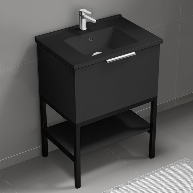 Modern Bathroom Vanity With Black Sink, Free Standing, 26", Matte Black