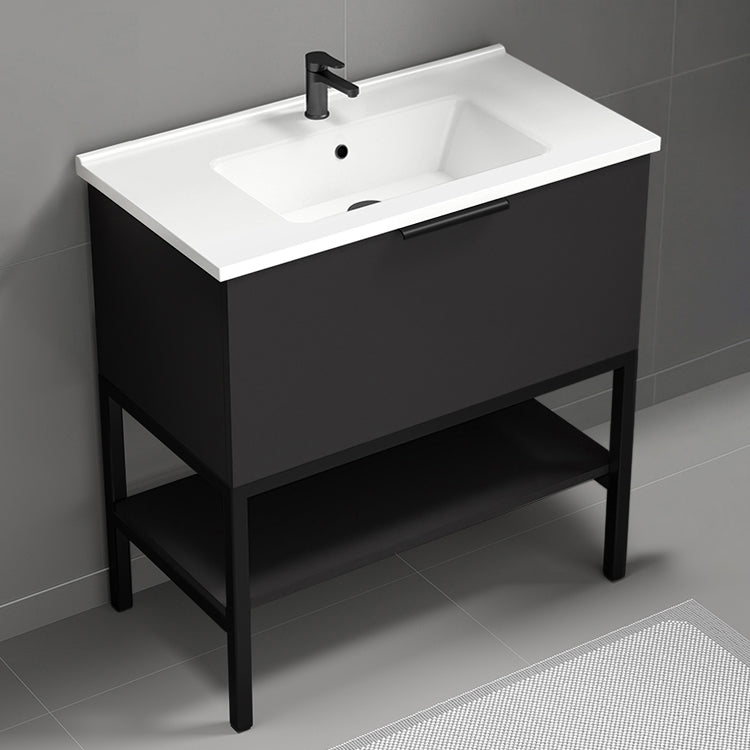 Modern Bathroom Vanity, Floor Standing, 34", Matte Black