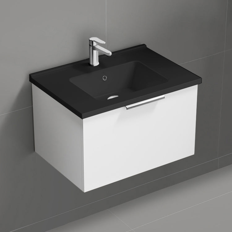 Wall Mounted Bathroom Vanity With Black Sink, Modern, 26", Glossy White