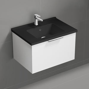 Wall Mounted Bathroom Vanity With Black Sink, Modern, 26", Glossy White