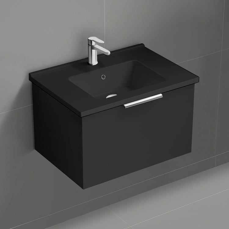 Wall Mounted Bathroom Vanity With Black Sink, Modern, 26", Matte Black