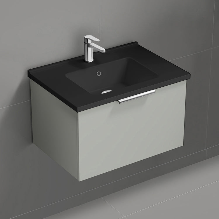 Small Bathroom Vanity With Black Sink, Floating, Modern, 26", Grey Mist
