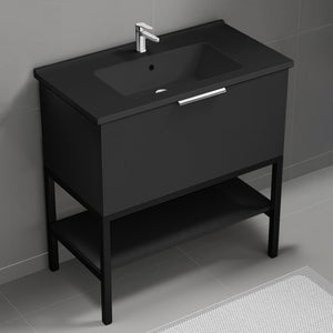 Modern Bathroom Vanity With Black Sink, Floor Standing, 34", Matte Black