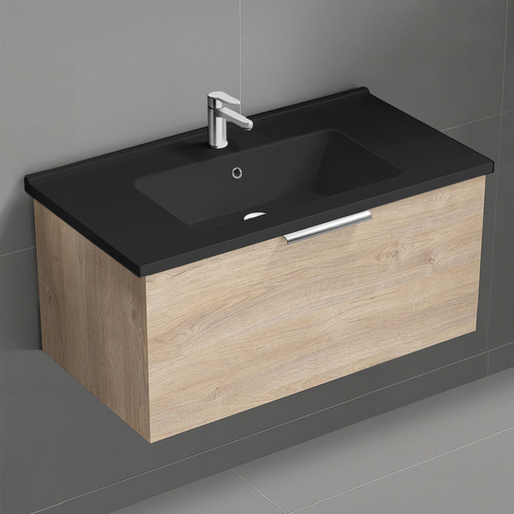 Wall Mounted Bathroom Vanity With Black Sink, Modern, 34", Brown Oak