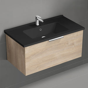 Wall Mounted Bathroom Vanity With Black Sink, Modern, 34", Brown Oak